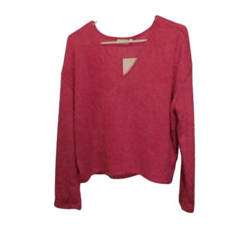 So Cozy V-Neck Eyelash Hot Pink Sweater Sz L Women's (New)